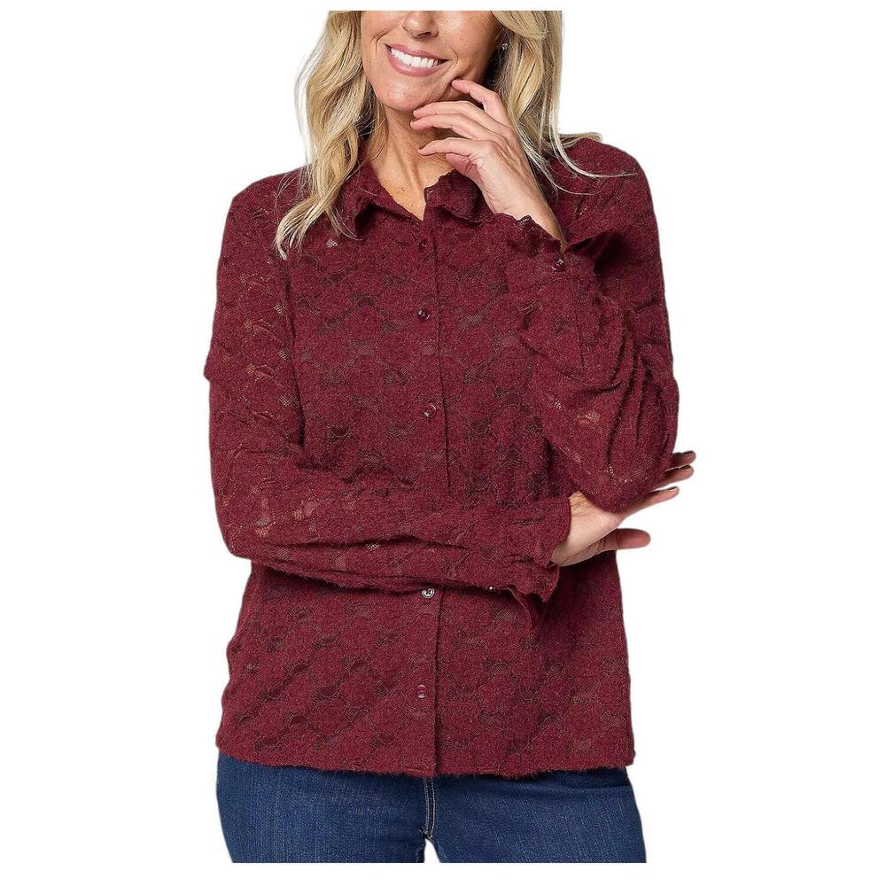 Studio Park x Sandra Bennett Woven Lace Button Front Blouse Cabernet - Regular